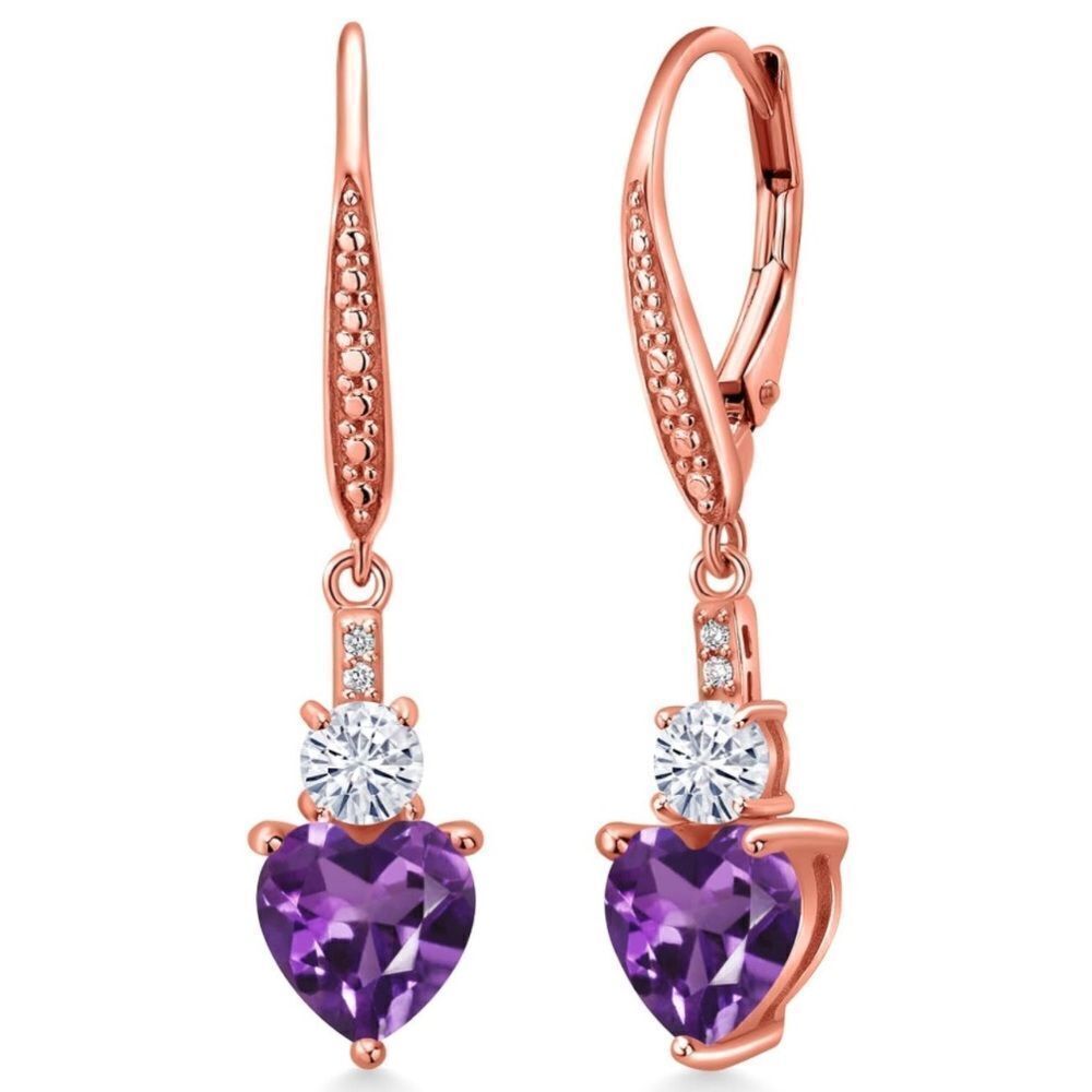 18K Rose Gold with 2.29 Cttw Amethyst and Moissanite Heart Drop Earrings